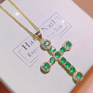 Vintage Cross Emerald Necklace Zircon Girl Gift Party