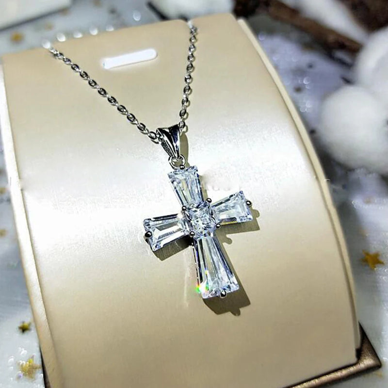Zircon Rectangle Cross Necklace Female Collar Chain Jewelry