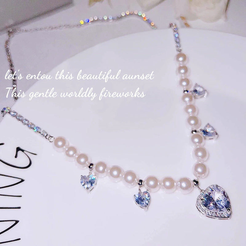 High Carbon Diamond Heart Pendant Necklace Zircon Beads