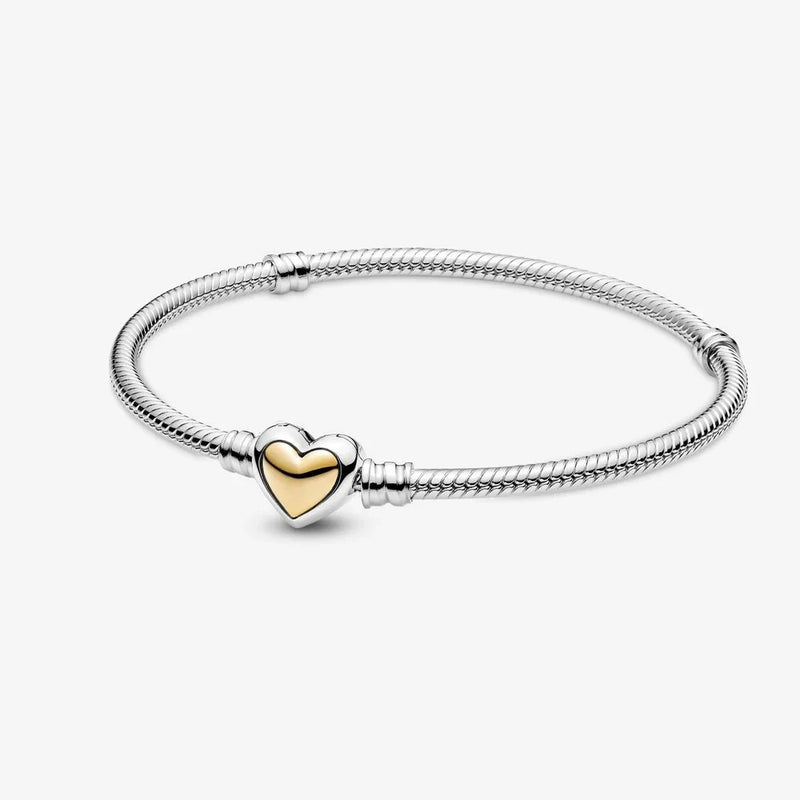 925 Silver Bracelet, Heart Clasp, Snake Chain - Women's Jewelry