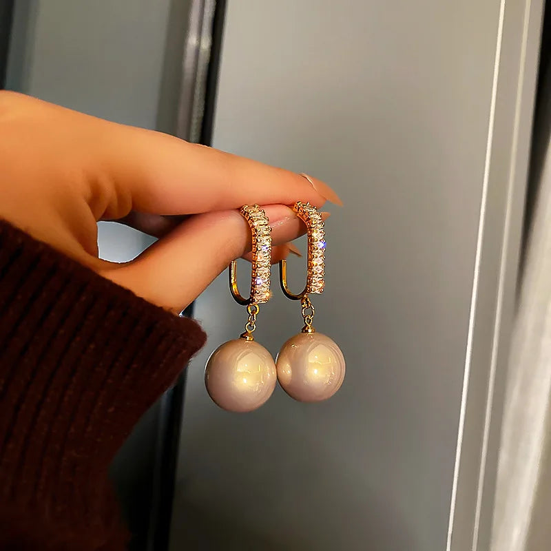 Golden Pearl Hoop Earrings Retro Girl Jewelry