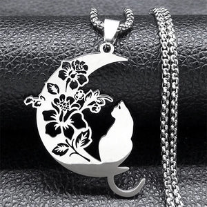 Cat Flower Moon Crescent Necklace Stainless Steel Bohemia Chain Gift