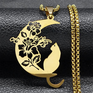 Cat Flower Moon Crescent Necklace Stainless Steel Bohemia Chain Gift
