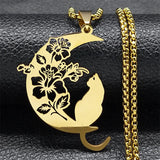 Cat Flower Moon Crescent Necklace Stainless Steel Bohemia Chain Gift