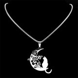 Cat Flower Moon Crescent Necklace Stainless Steel Bohemia Chain Gift