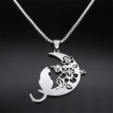 Cat Flower Moon Crescent Necklace Stainless Steel Bohemia Chain Gift