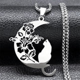 Cat Flower Moon Crescent Necklace Stainless Steel Bohemia Chain Gift