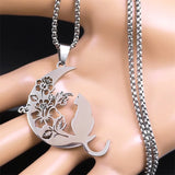 Cat Flower Moon Crescent Necklace Stainless Steel Bohemia Chain Gift