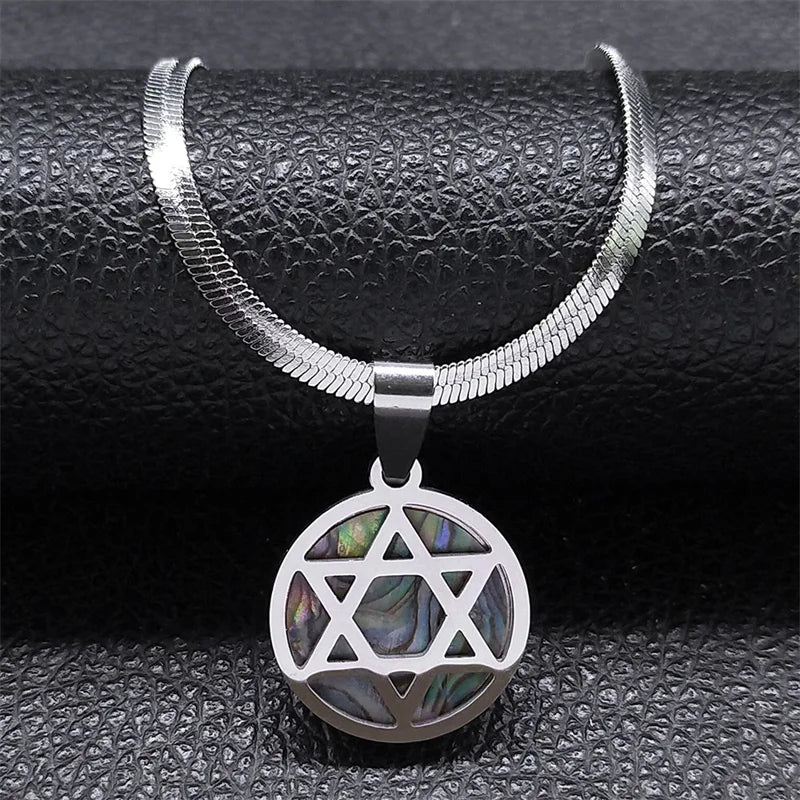 Hexagram Amulet Necklace Abalone Stainless Steel Star of David Jewelry