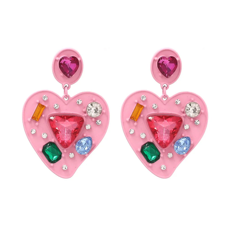 Hot Pink Rhinestone Heart Dangle Earrings Y2K 90S Chunky Jewelry