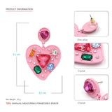 Hot Pink Rhinestone Heart Dangle Earrings Y2K 90S Chunky Jewelry