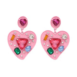 Hot Pink Rhinestone Heart Dangle Earrings Y2K 90S Chunky Jewelry