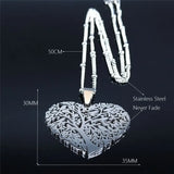 Love Heart Bird Tree of Life Necklace Stainless Steel Silver Chain