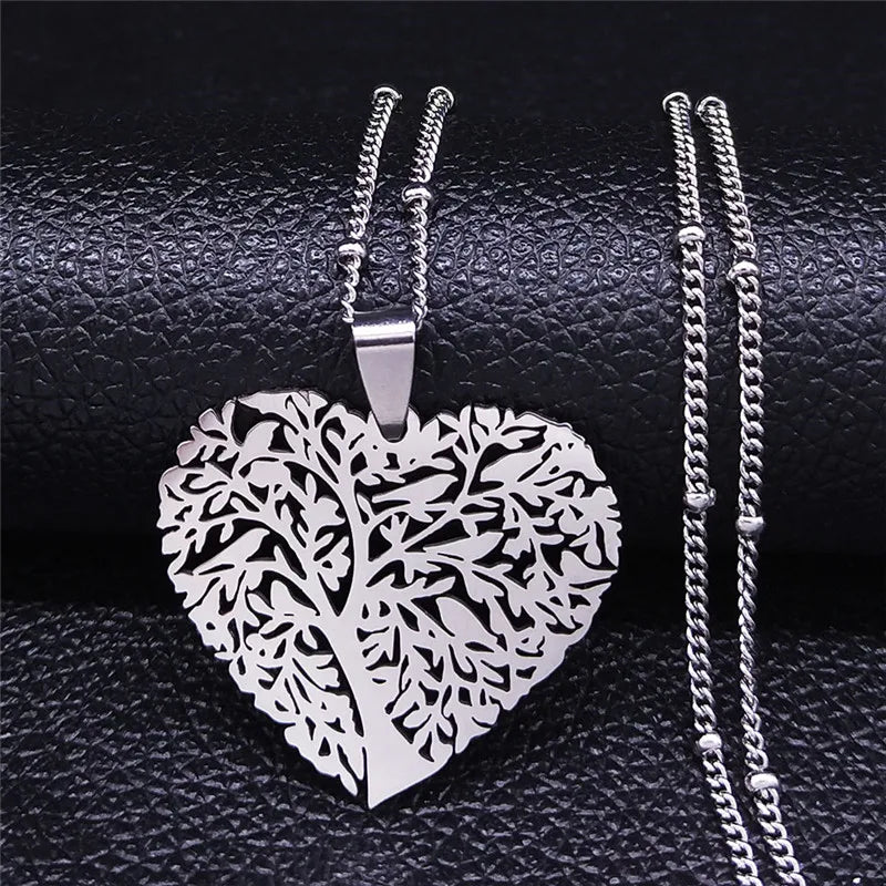 Love Heart Bird Tree of Life Necklace Stainless Steel Silver Chain