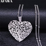 Love Heart Bird Tree of Life Necklace Stainless Steel Silver Chain