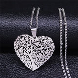 Love Heart Bird Tree of Life Necklace Stainless Steel Silver Chain