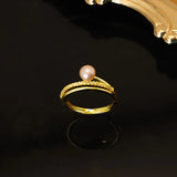 24K Gold Pearl Crown Crystal Ring Wedding Jewelry
