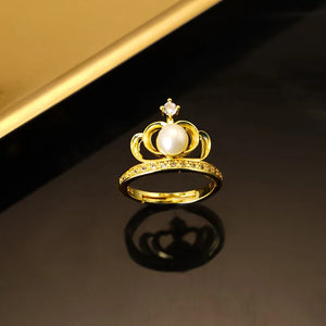 24K Gold Pearl Crown Crystal Ring Wedding Jewelry