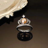 24K Gold Pearl Crown Crystal Ring Wedding Jewelry