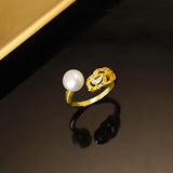 24K Gold Pearl Crown Crystal Ring Wedding Jewelry