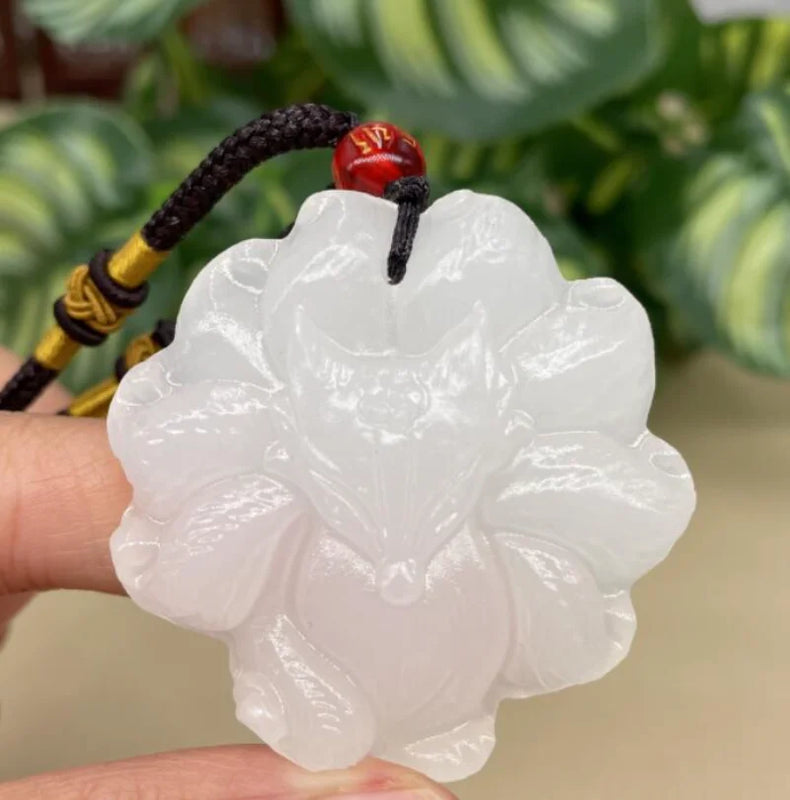 Afghan Jade 9 Tailed Fox Necklace Pendant Hand Carved Luck Amulet