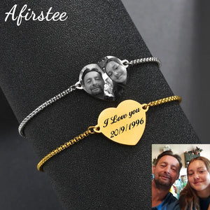 Stainless Steel Heart Pendant Engraved Name Date Bracelet