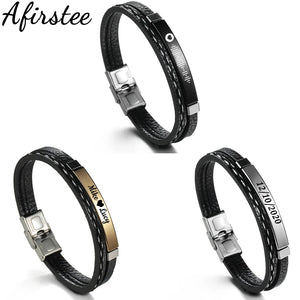 Personalized Engraved Leather Bracelet Stainless Steel Bangle
