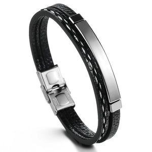 Personalized Engraved Leather Bracelet Stainless Steel Bangle