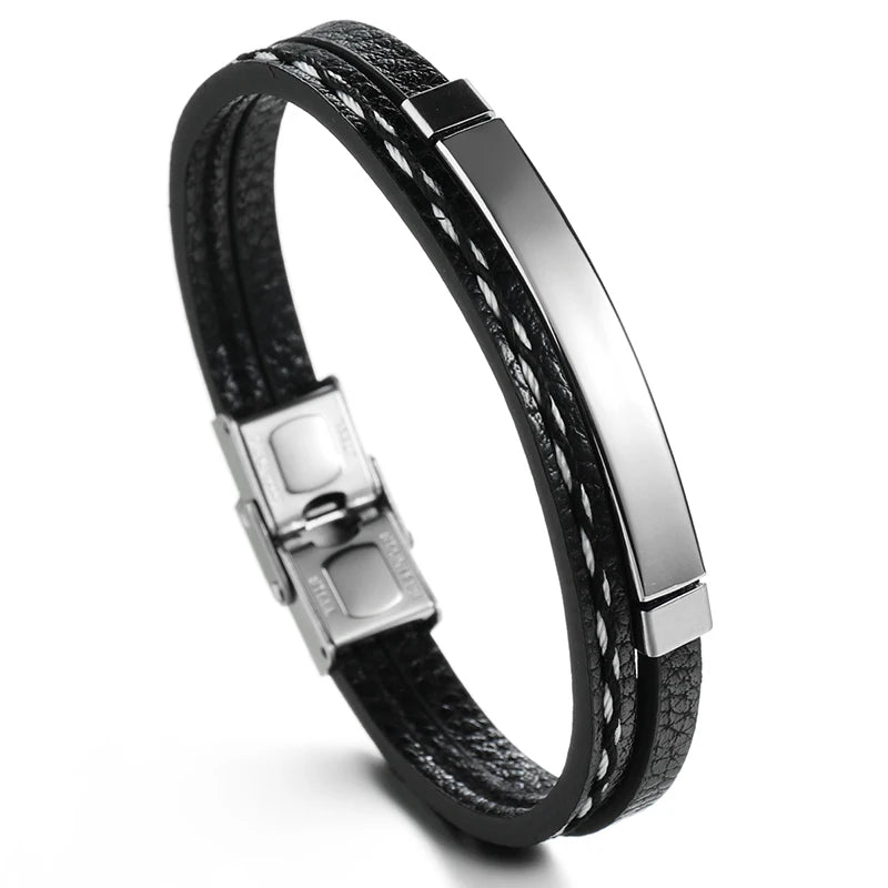 Personalized Engraved Leather Bracelet Stainless Steel Bangle