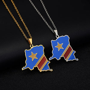 DR Congo Map Flag Pendant Necklace Gold/Steel Men/Women Stainless Steel