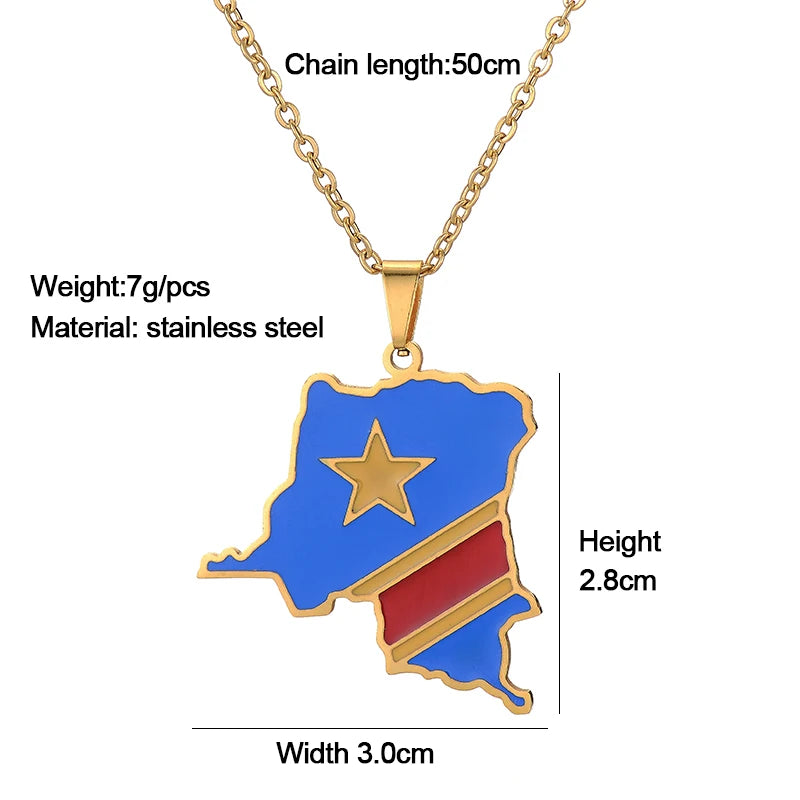 DR Congo Map Flag Pendant Necklace Gold/Steel Men/Women Stainless Steel