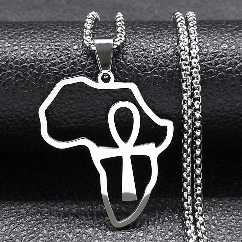 Africa Map Ankh Key Of Life Stainless Steel Chain Necklace