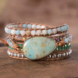 African Natural Stones 5 Strand Wrap Bracelet Crystal Antique Metal Beads