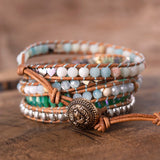 African Natural Stones 5 Strand Wrap Bracelet Crystal Antique Metal Beads
