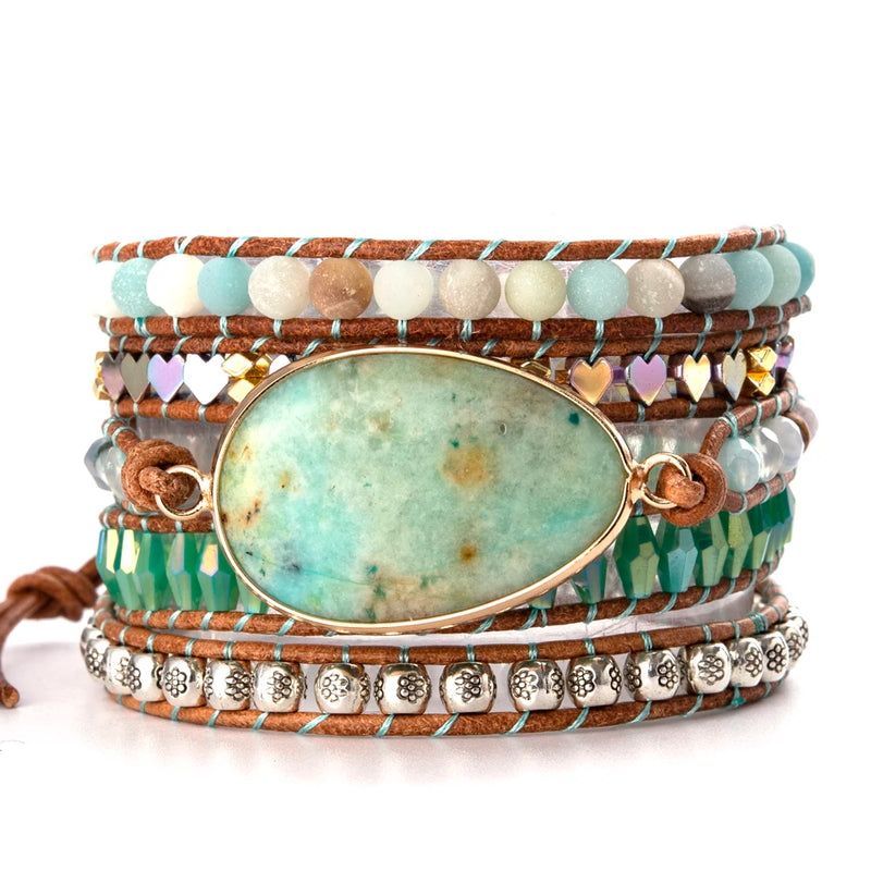 African Natural Stones 5 Strand Wrap Bracelet Crystal Antique Metal Beads