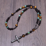 African Turquoise Agate Yellow Tiger Eye Catholic Rosary Cross Necklace