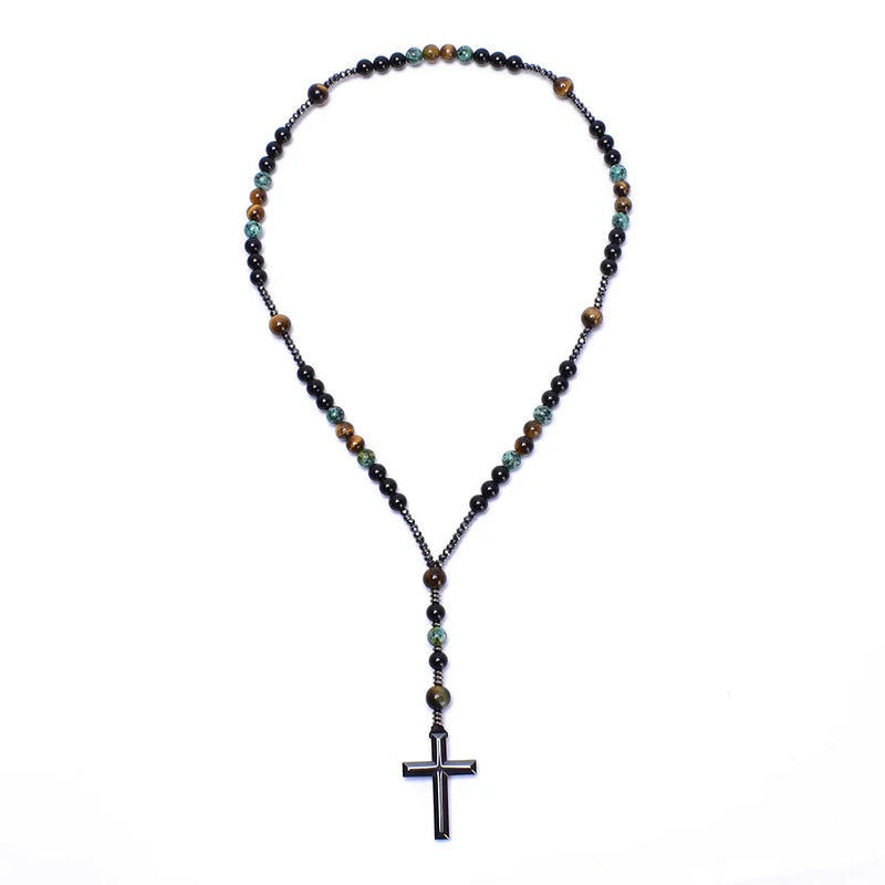 African Turquoise Agate Yellow Tiger Eye Catholic Rosary Cross Necklace