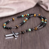African Turquoise Agate Yellow Tiger Eye Catholic Rosary Cross Necklace