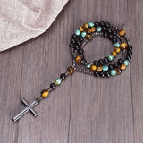 African Turquoise Agate Yellow Tiger Eye Catholic Rosary Cross Necklace
