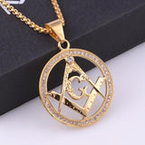 Ag Masonic Round Men's Necklace with Crystal Inlaid Pendant