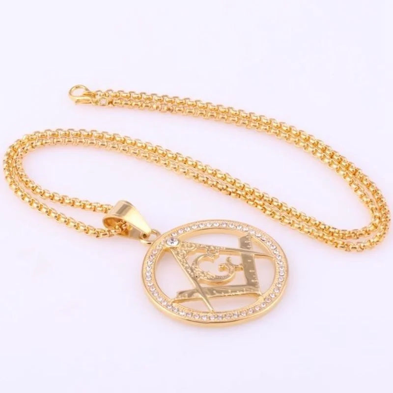 Ag Masonic Round Men's Necklace with Crystal Inlaid Pendant