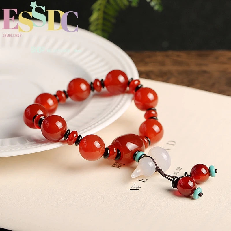 Agate Bracelet Men Women Couple Beads Small Gourd Pendant Red Tibetan Silk