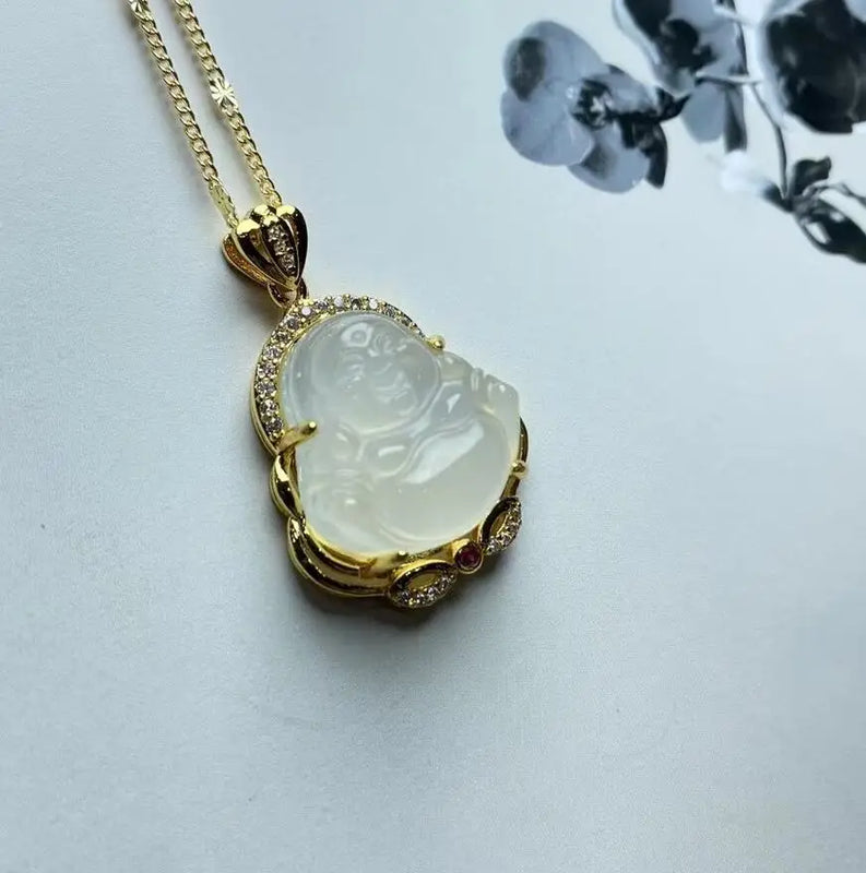 Chalcedony Agate Jade Buddha Inlay Necklace