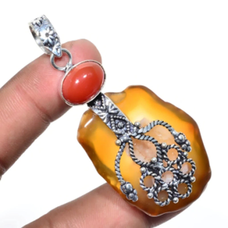 Agates, Carnelian Pendant, Silver Overlay on Copper, 70mm