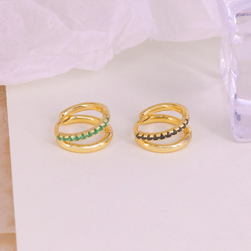 925 Silver Double Circle Huggie Earrings-Colored CZ Cartilage Hoop Piercing