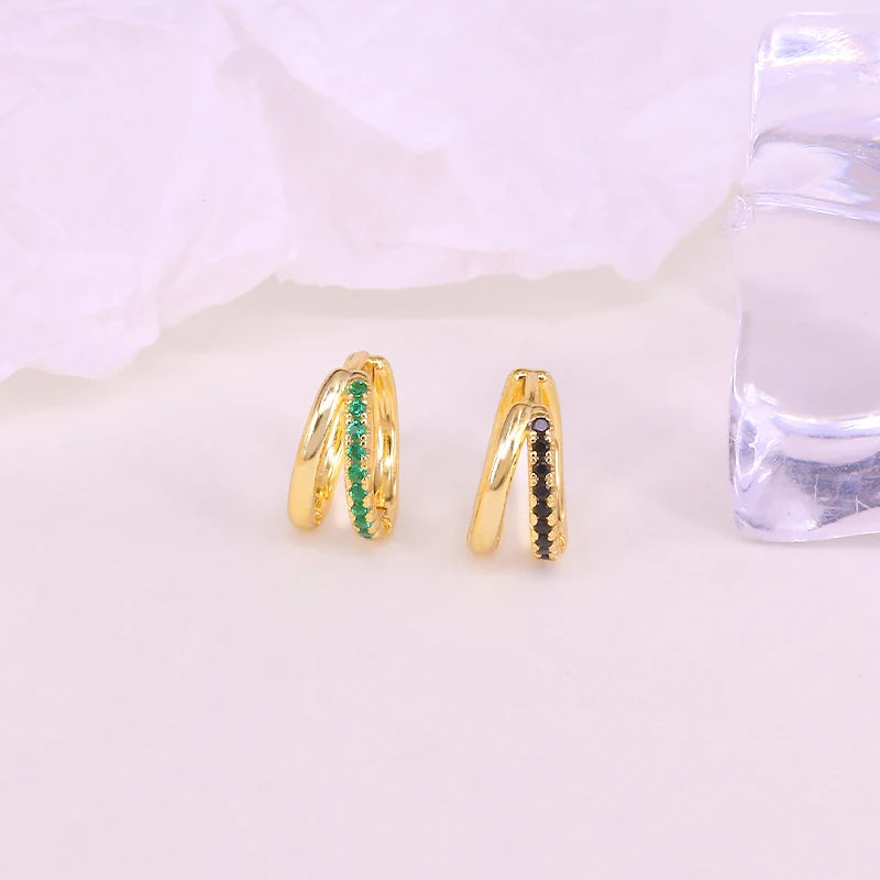 925 Silver Double Circle Huggie Earrings-Colored CZ Cartilage Hoop Piercing