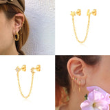 925 Silver Double Studs Chain Earrings Zircon Moon Star Lightning Piercing
