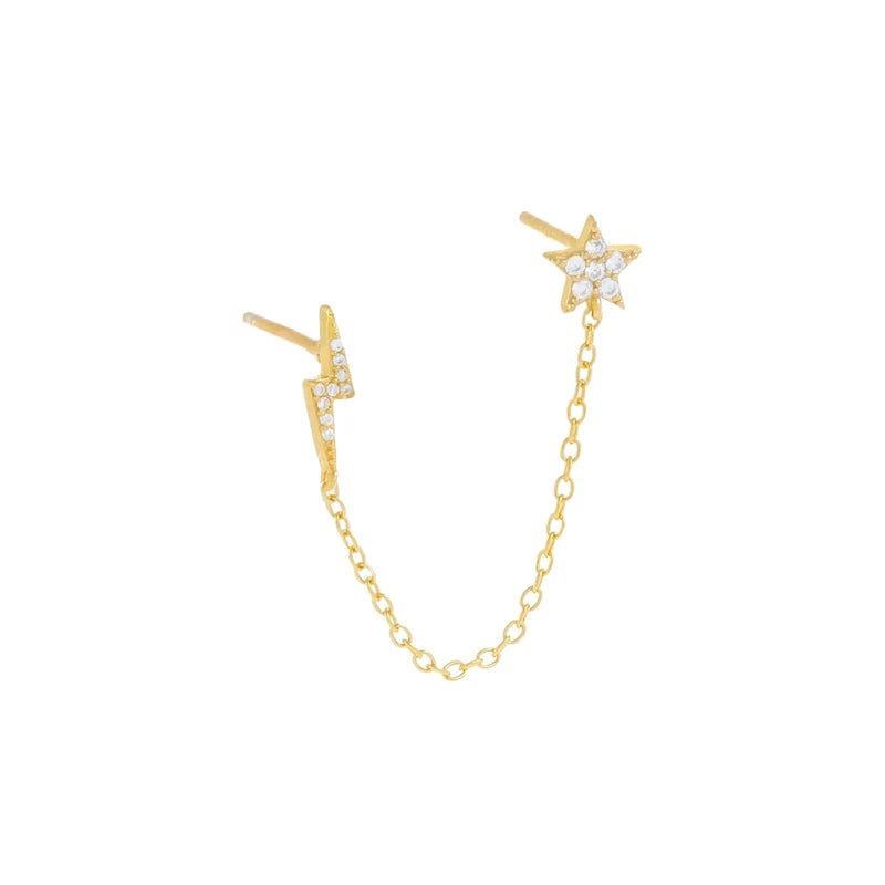 925 Silver Double Studs Chain Earrings Zircon Moon Star Lightning Piercing