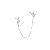 925 Silver Double Studs Chain Earrings with Zircon Moon Star Lightning Piercing