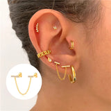 925 Silver Double Studs Chain Earrings with Zircon Moon Star Lightning Piercing